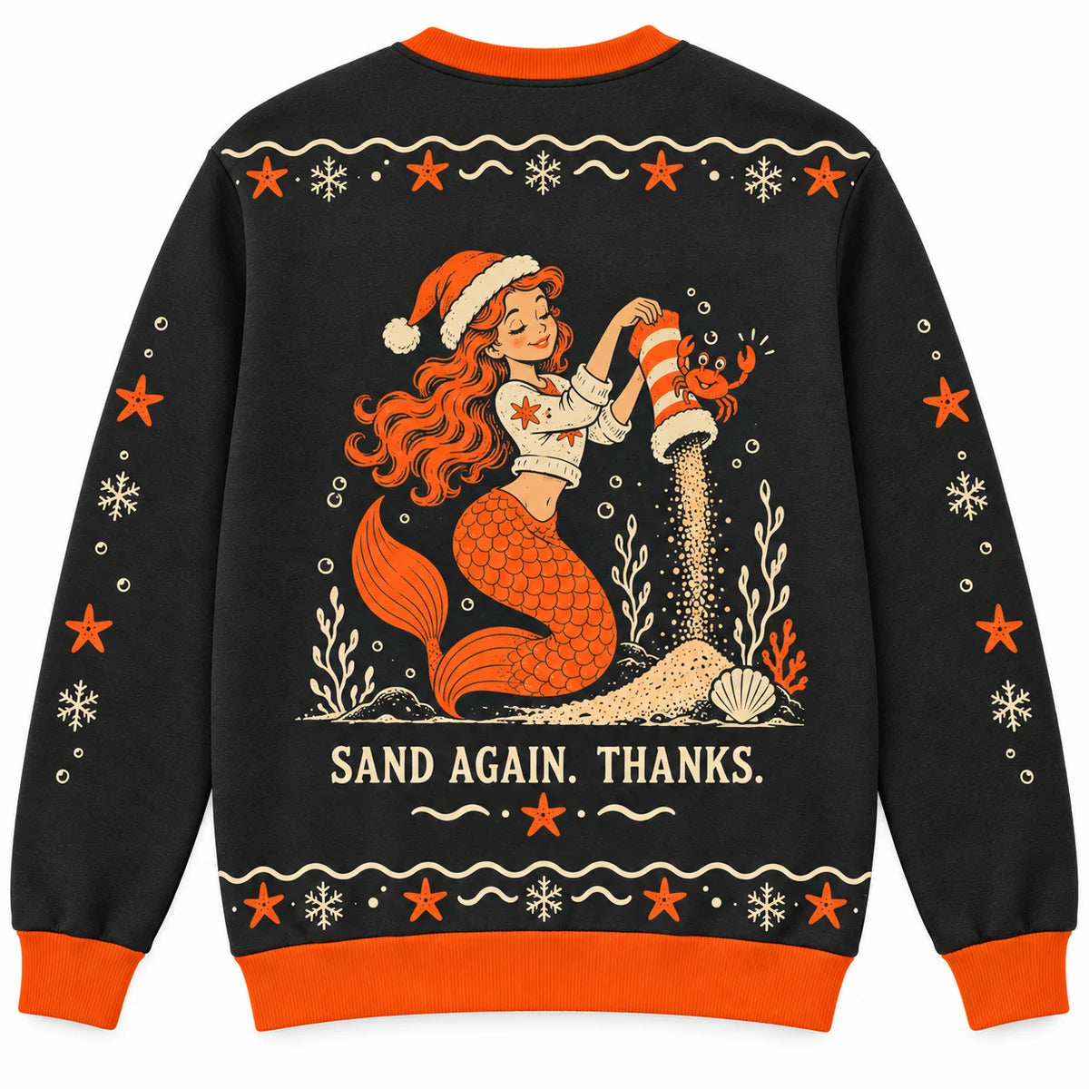 Undersea Secret Santa Ugly Christmas Sweater - Christmas Jumper (back): stocking full of sand with crab waving from opening