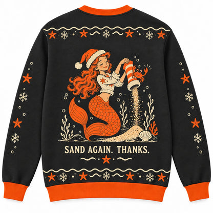 Undersea Secret Santa Ugly Christmas Sweater - Christmas Jumper (back): stocking full of sand with crab waving from opening