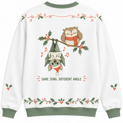 Upside Down Carols Ugly Christmas Sweater - Christmas Jumper (back): bat sings upside down notes while sleepy owl holds ears