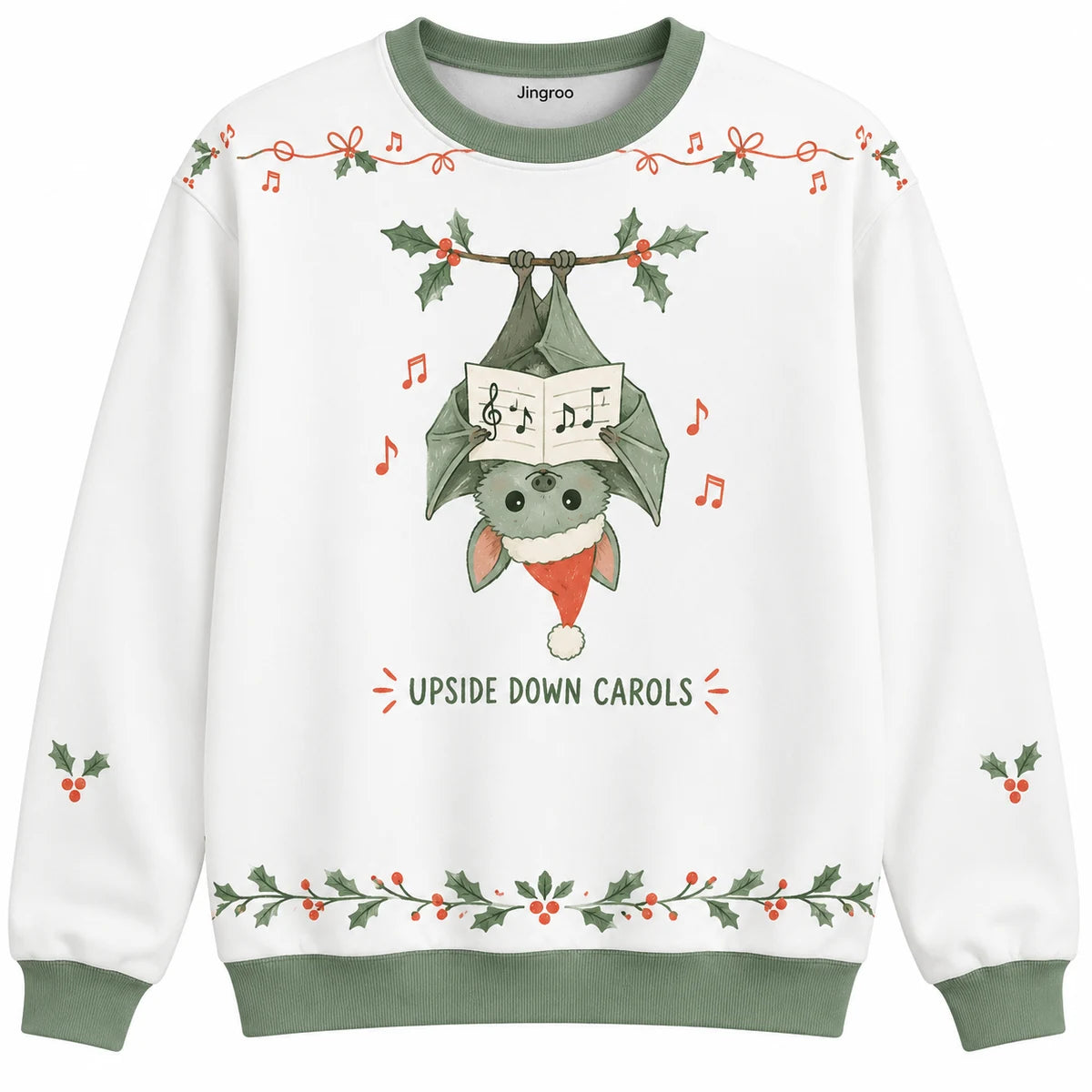 Upside Down Carols Ugly Christmas Sweater - Christmas Jumper (front): bat in Santa hat hangs upside down holding music
