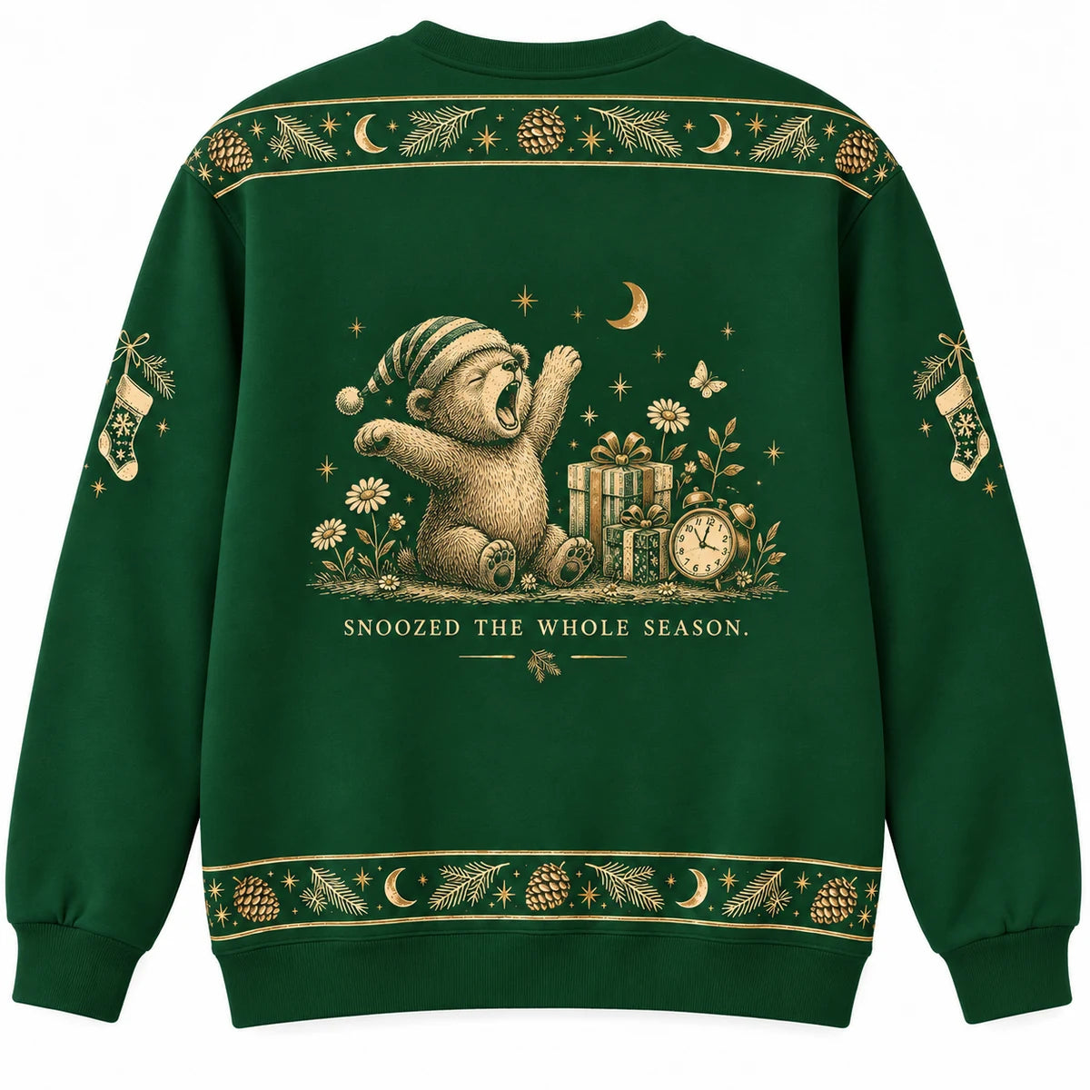 Wake Me for Presents Ugly Christmas Sweater - Christmas Jumper (back): bear wakes in spring surrounded by unopened gifts