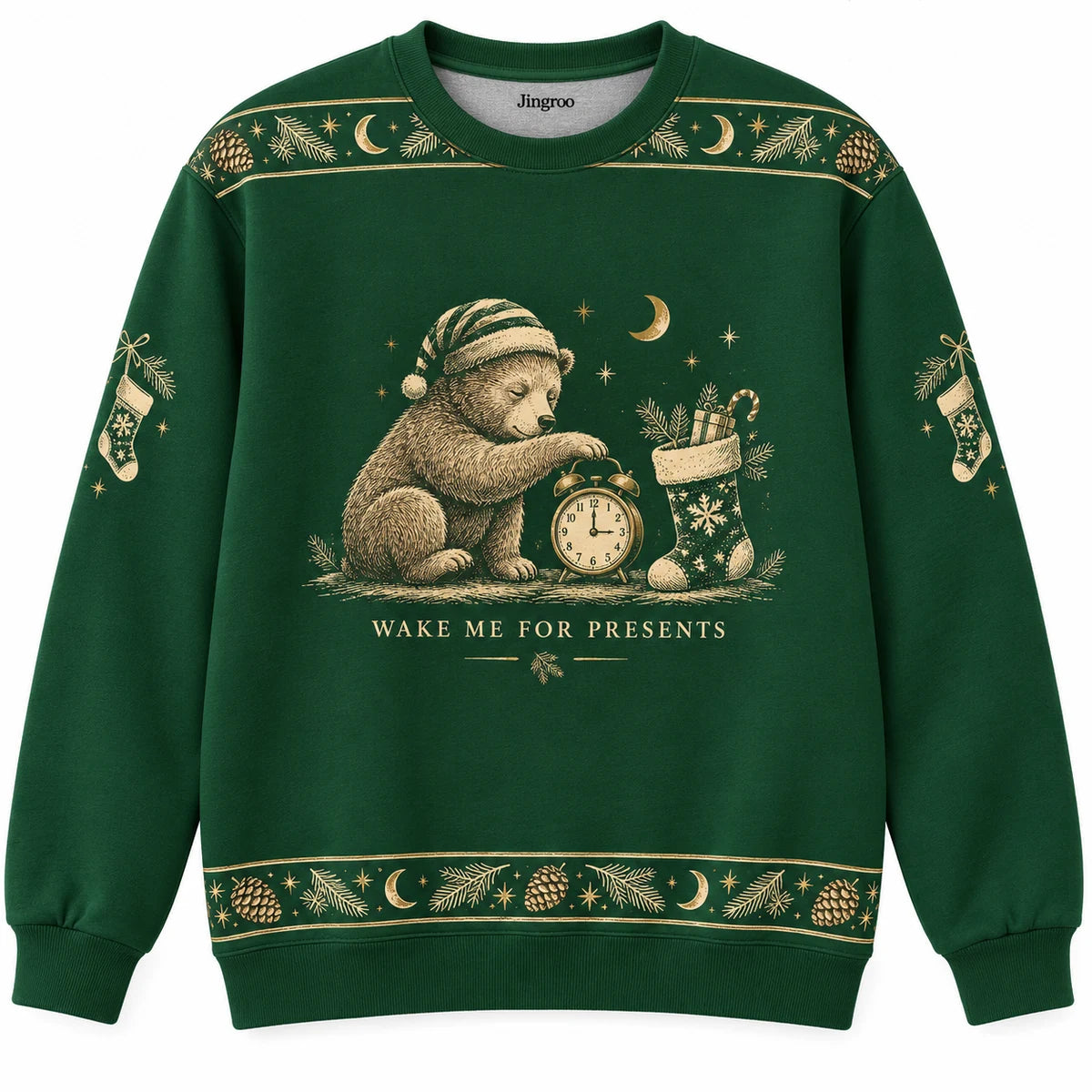 Wake Me for Presents Ugly Christmas Sweater - Christmas Jumper (front): bear sets alarm clock next to Christmas stocking