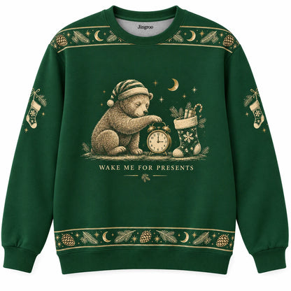 Wake Me for Presents Ugly Christmas Sweater - Christmas Jumper (front): bear sets alarm clock next to Christmas stocking