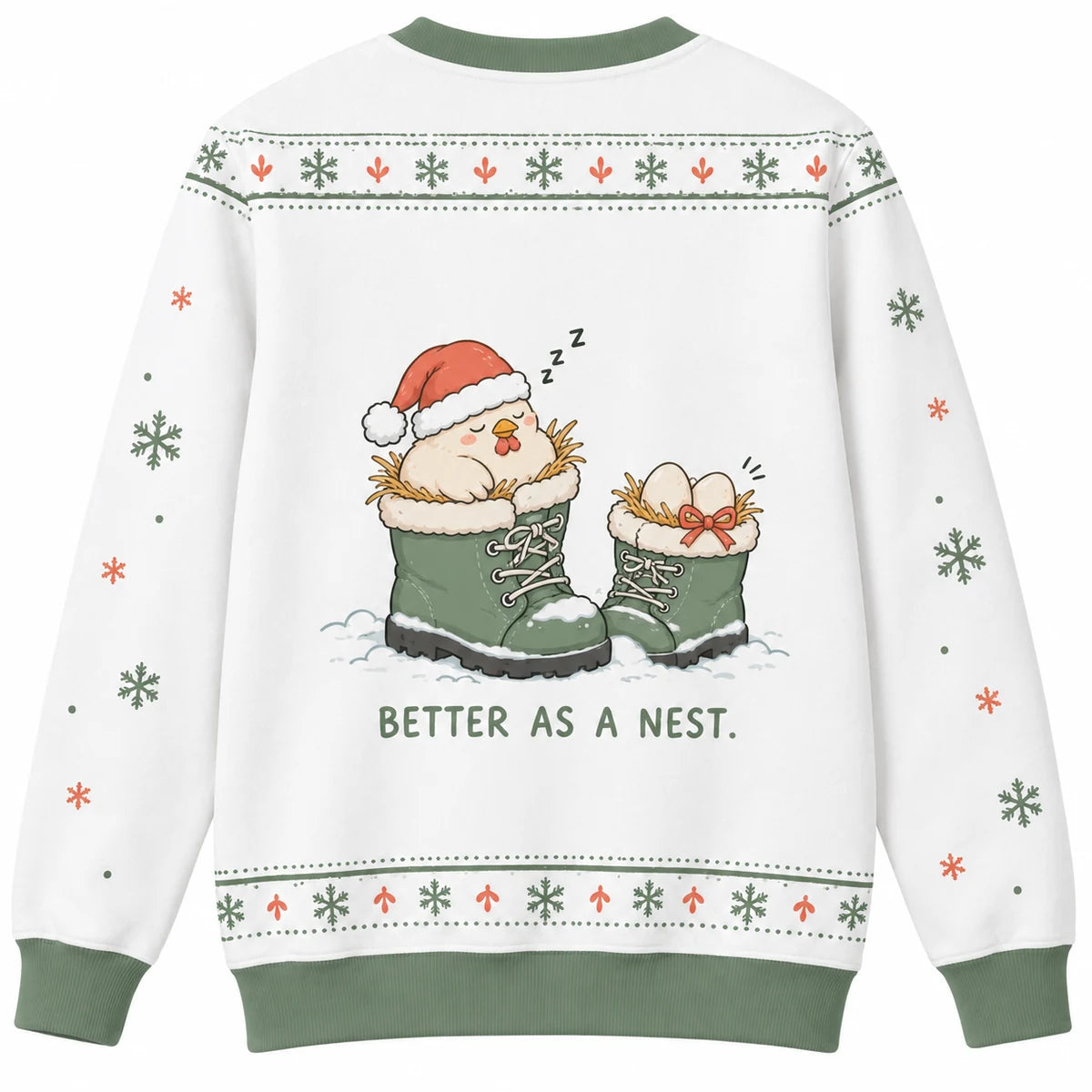 Winter Gear Tester Ugly Christmas Sweater - Christmas Jumper (back): chicken uses boots as tiny cozy nesting beds