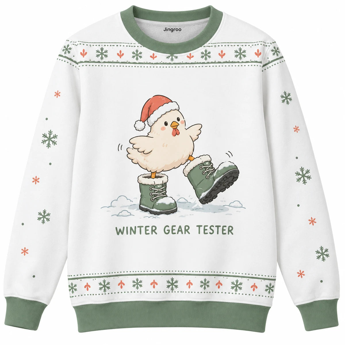 Winter Gear Tester Ugly Christmas Sweater - Christmas Jumper (front): chicken Santa tries enormous snow boots