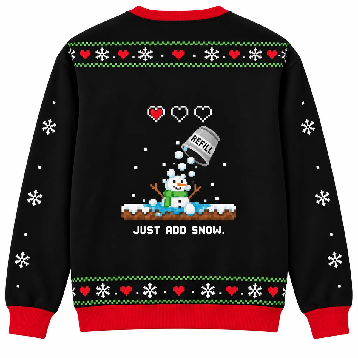 Winter Respawn Point Ugly Christmas Sweater - Christmas Jumper (back): snowman reforms after melting with bucket labeled refill