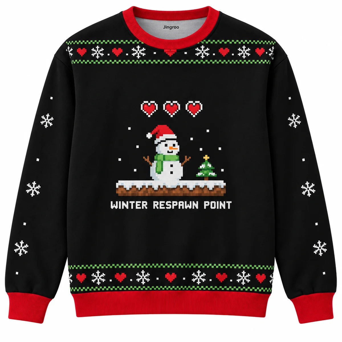 Winter Respawn Point Ugly Christmas Sweater - Christmas Jumper (front): pixel snowman stands beside game heart icons