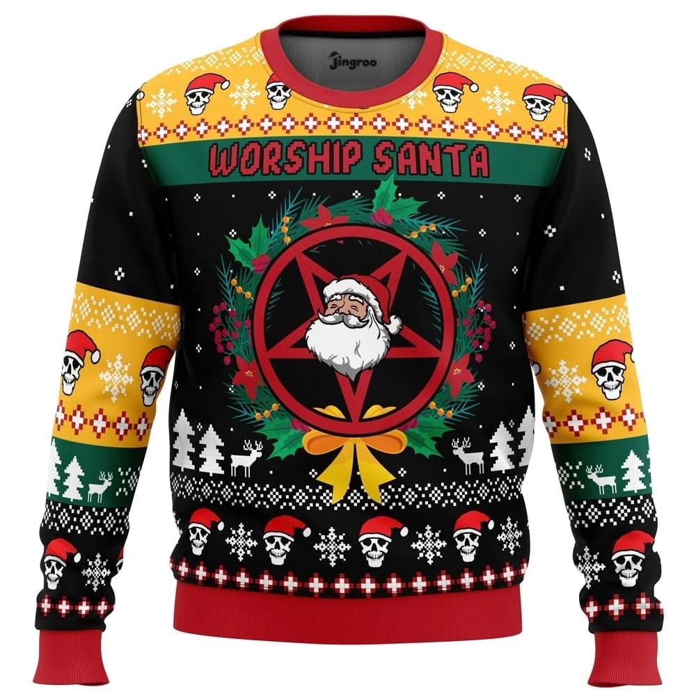 Worship Santa Ugly Christmas Sweater - Christmas Jumper (front)