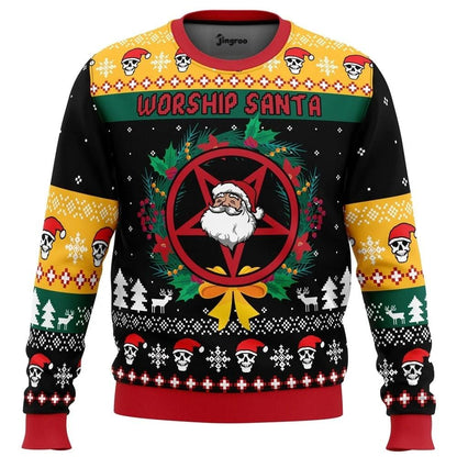 Worship Santa Ugly Christmas Sweater - Christmas Jumper (front)