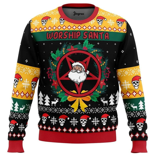 Worship Santa Ugly Christmas Sweater - Christmas Jumper (front)