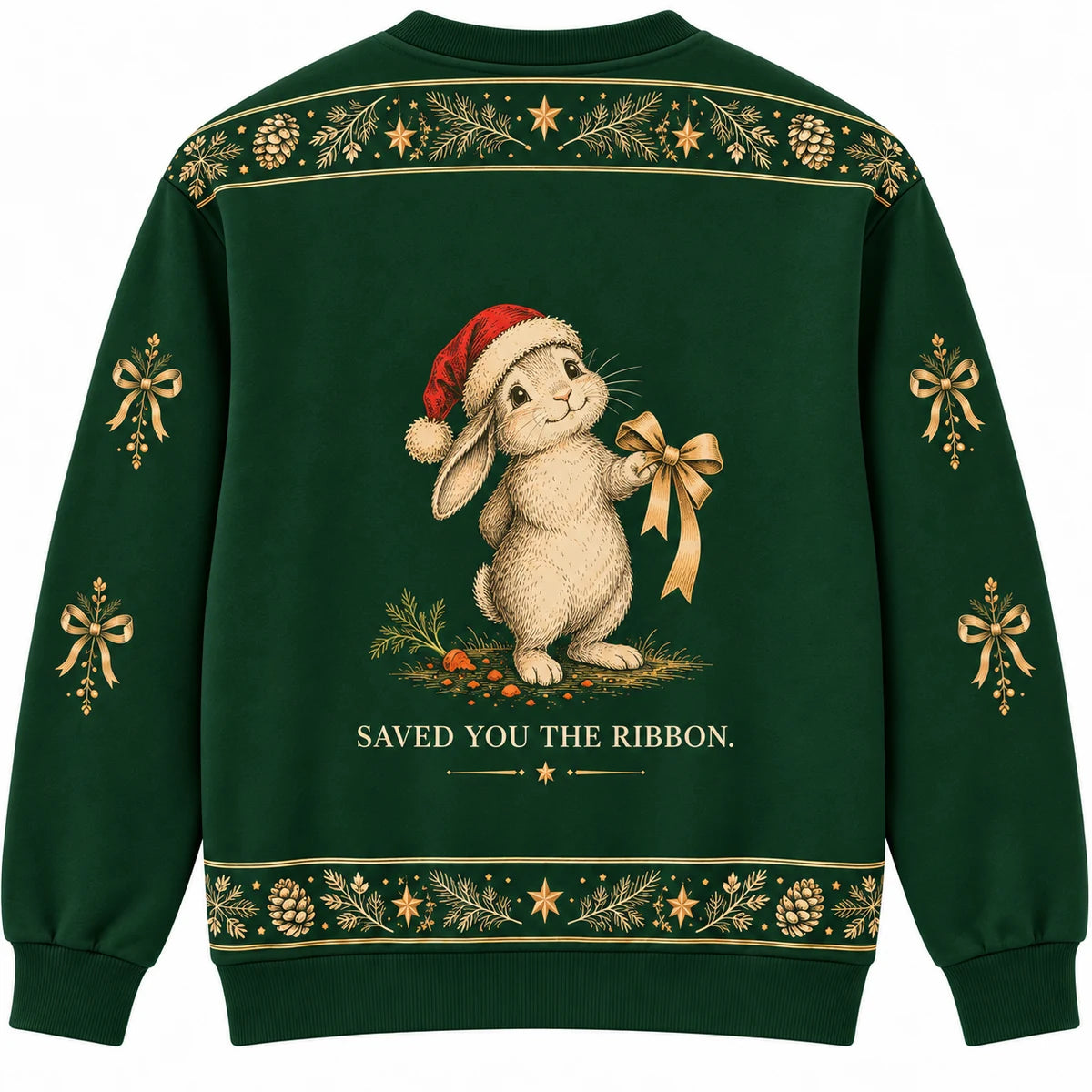 Wrapped a Carrot Ugly Christmas Sweater - Christmas Jumper (back): bunny ate carrot and offers ribbon with sheepish face