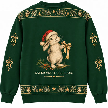 Wrapped a Carrot Ugly Christmas Sweater - Christmas Jumper (back): bunny ate carrot and offers ribbon with sheepish face