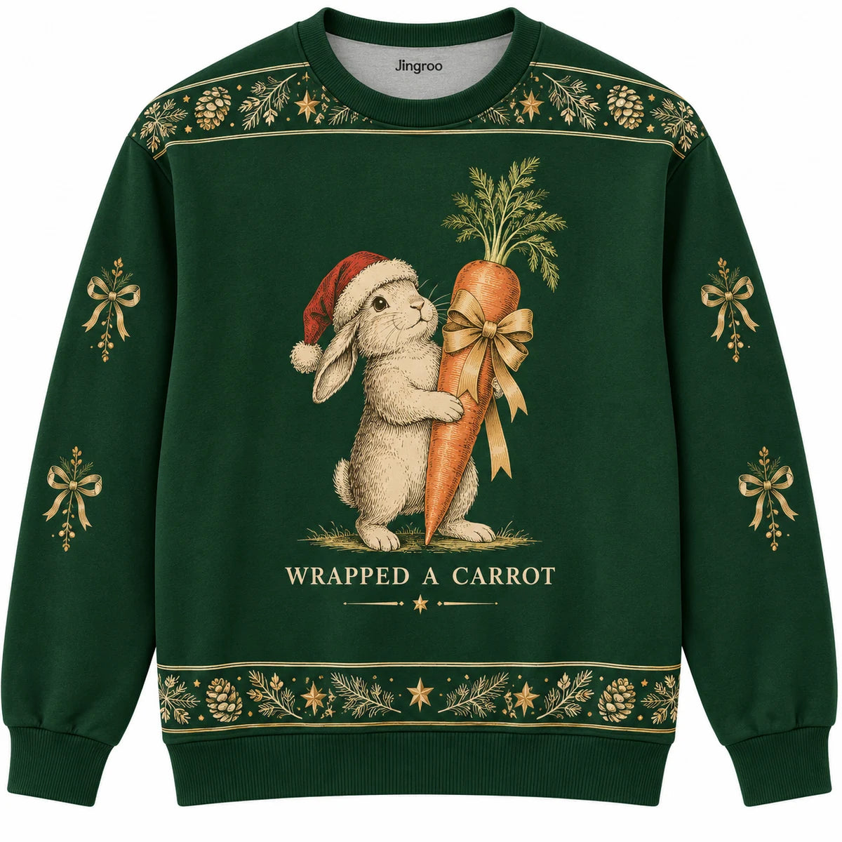 Wrapped a Carrot Ugly Christmas Sweater - Christmas Jumper (front): bunny Santa proudly carries tall carrot gift
