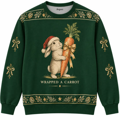 Wrapped a Carrot Ugly Christmas Sweater - Christmas Jumper (front): bunny Santa proudly carries tall carrot gift