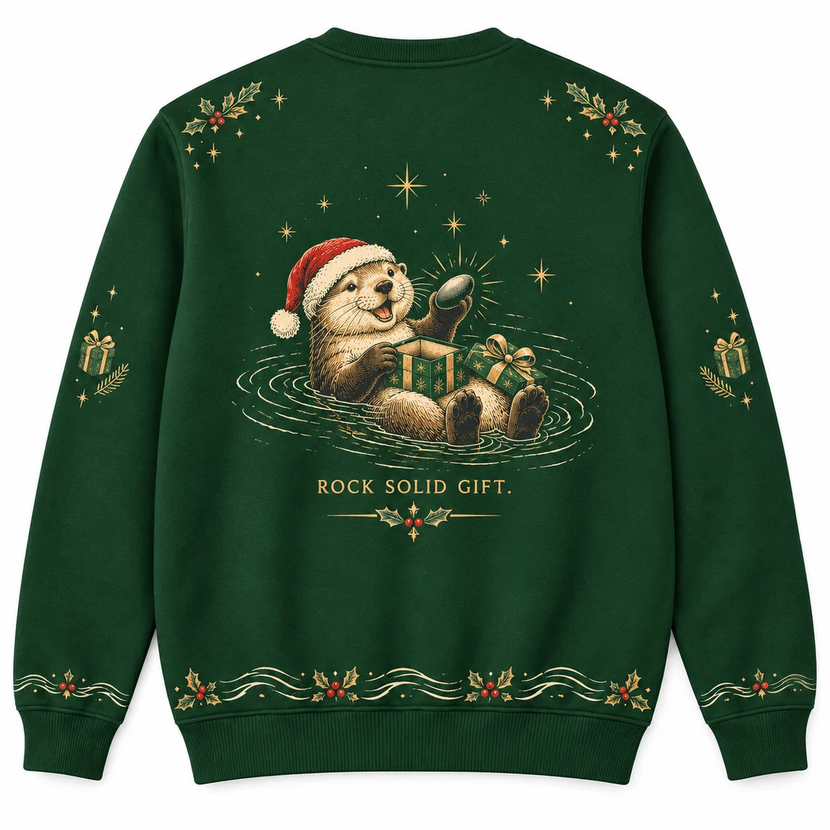 Wrapped With Otter Love Ugly Christmas Sweater - Christmas Jumper (back): otter opens gift to find favorite smooth rock