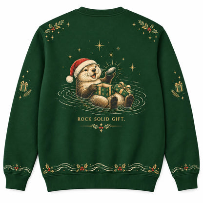 Wrapped With Otter Love Ugly Christmas Sweater - Christmas Jumper (back): otter opens gift to find favorite smooth rock