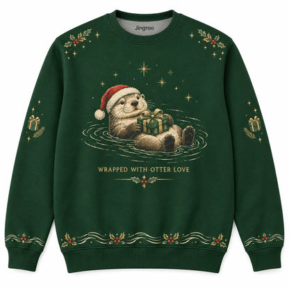 Wrapped With Otter Love Ugly Christmas Sweater - Christmas Jumper (front): otter floating holds gift on belly